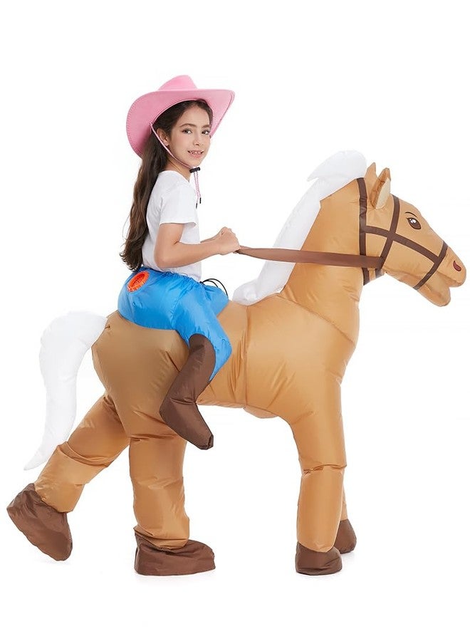 HSCTEK Inflatable Horse Costume Kids Girls Boys, Blow Up Ride On Horse Cosplay Toddler Child, Inflatable Cowboy Cowgirl Halloween Costume Children Brown - Image 1